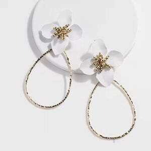 Anthropologie Large Gold Hoops with White Floral Detail